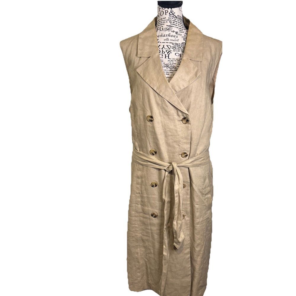 Double Breasted Collared‎ Women Plus Beige Tan Linen Dress Inc New York 20W